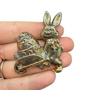 Vintage Mid Century Bunny Pushing Wheel Barrel Egg Brooch Easter Brooch Pendant